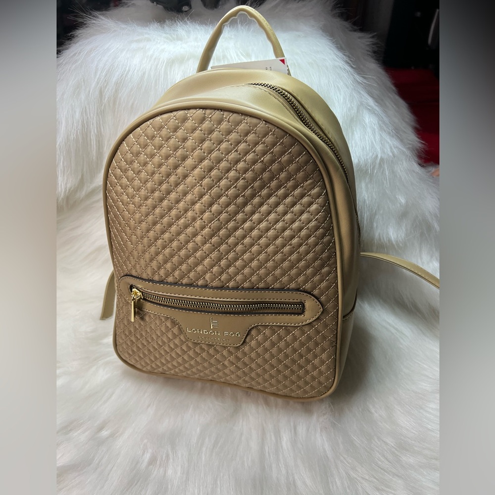 NWT London Fog Peter Nylon Quilted Backpack Latte with Gold Hardware